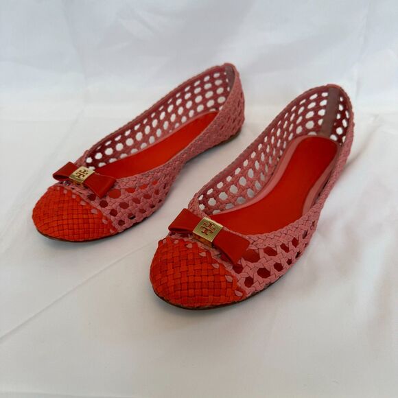 Tory Burch Pink and Orange Leather Woven Carlyle Ballerina Flats Size 8.5 - Picture 2 of 7
